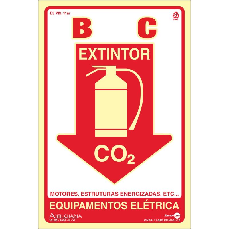 PLACA SINALIZAÇÃO EXTINTOR CO2 FOTOLUMINESCENTE PAF302F ENCARTALE
