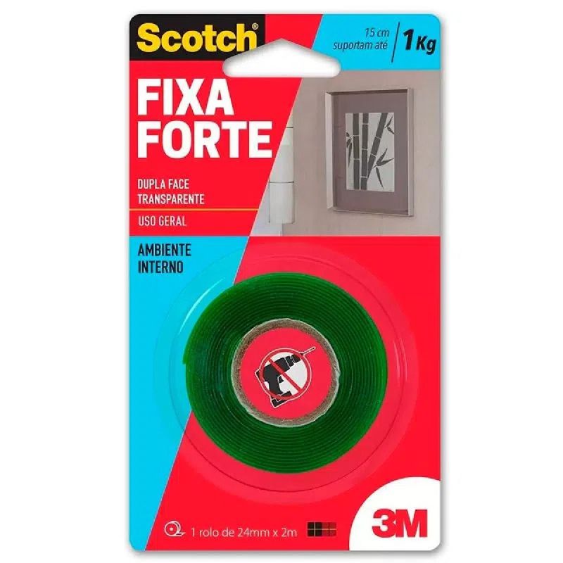 FITA DUPLA FACE FIXA FORTE TRANSPARENTE 24MM X 2M 3M