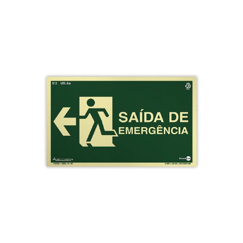 PLACA SINALIZAÇÃO SAÍDA DE EMERGÊNCIA À ESQUERDA PAF721 ENCARTALE